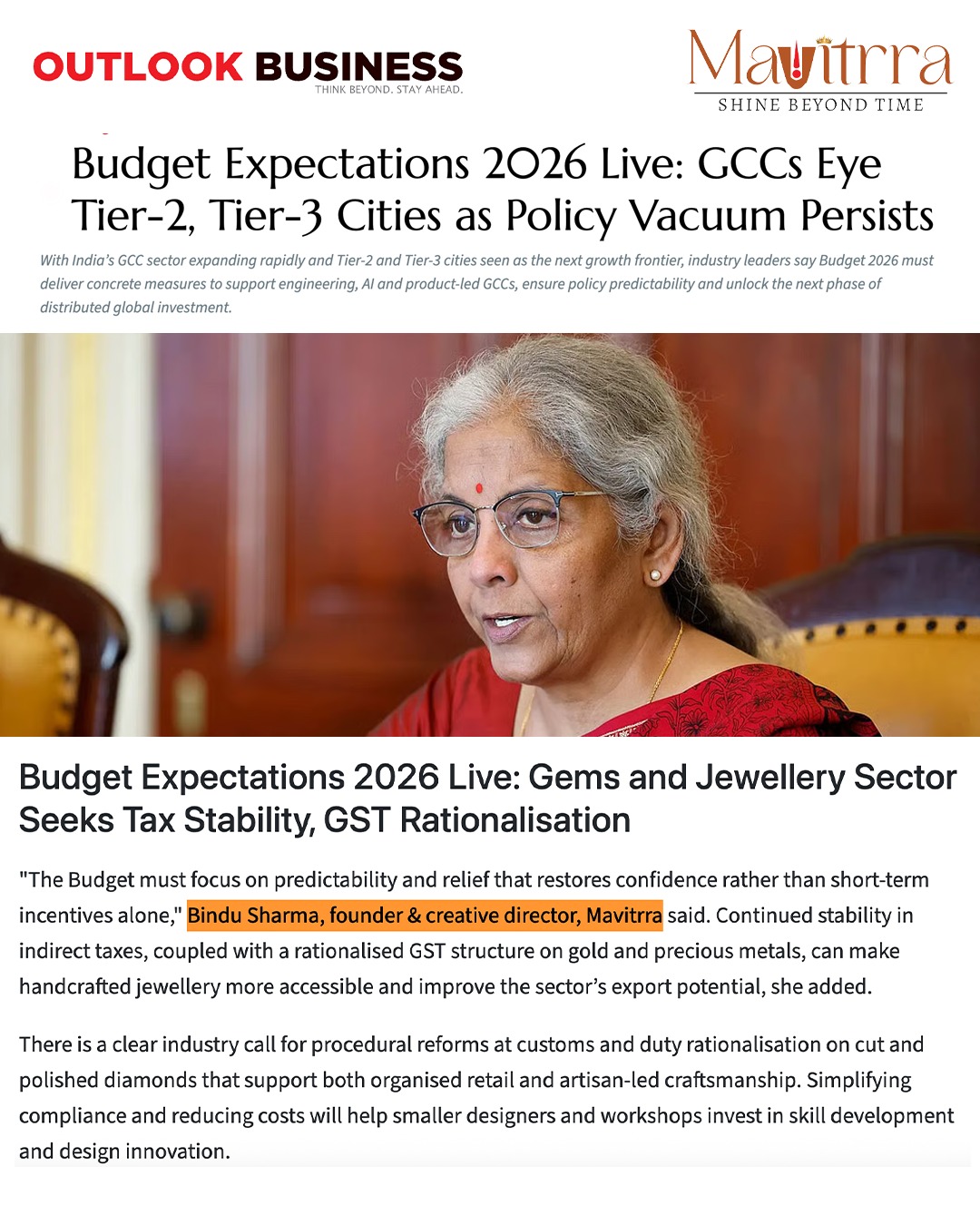 Speaking for artisans, designers, and the future of fine jewellery.
read more : https://www.outlookbusiness.com/budget/budget-2026-expectations-live-updates-january-20-2026
#Mavitrra #ShineBeyondTime #OutlookBusiness #Budget2026 #GemsAndJewellery #IndustryInsights #PolicyMatters #IndianJewelleryIndustry #JewelleryLeaders #CraftsmanshipMatters #GSTReforms #MakeInIndia #LuxuryWithPurpose #WomenInBusiness #foundervoice