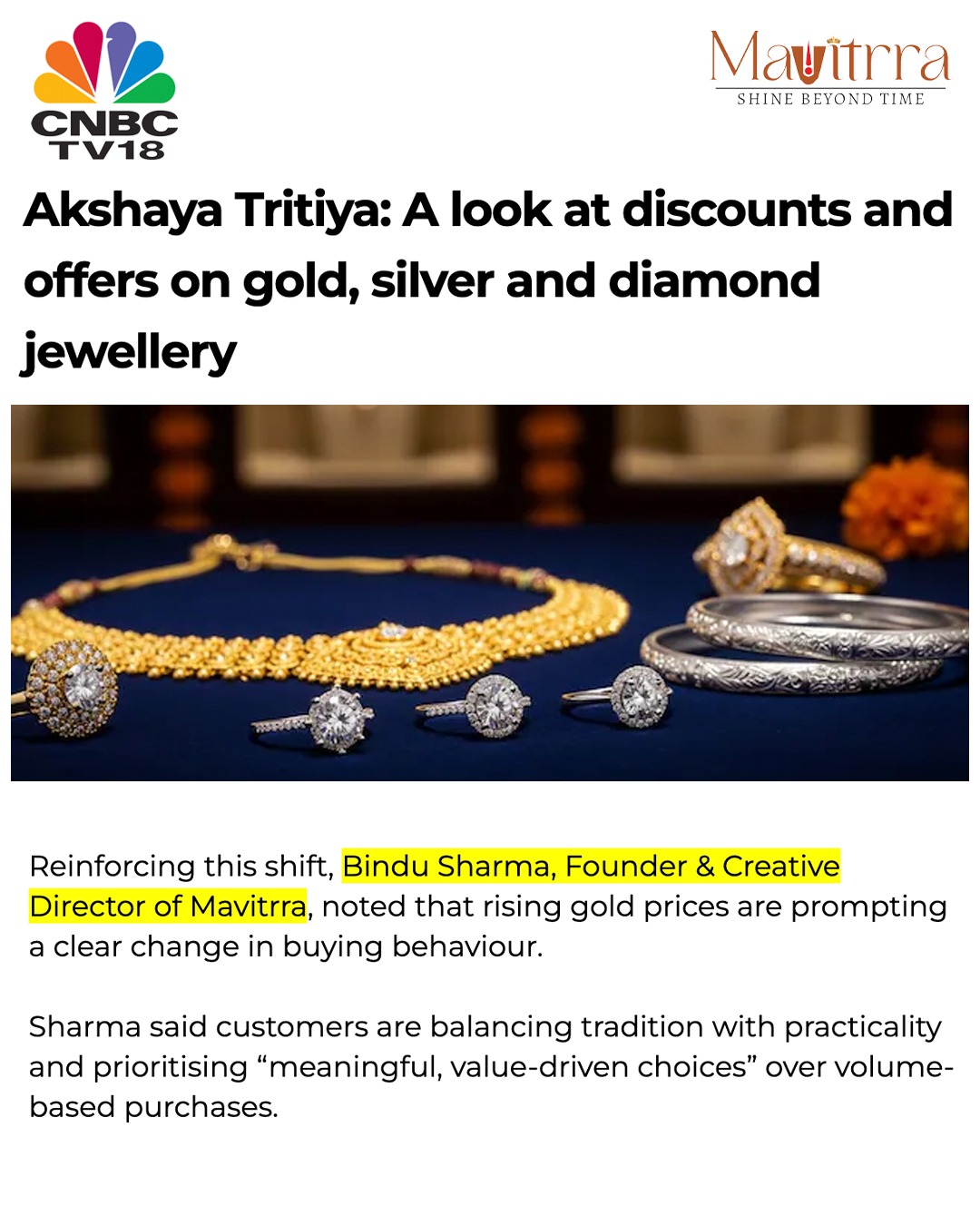 Hi everyone! ✨
Super excited to share that my quotes have been featured in a CNBC-TV18 article on Akshaya Tritiya! 💛
It’s always special to see your thoughts being recognised and published. Would love for you all to take a look and share your thoughts 😊
🔗 Link in stories
#FeaturedInMedia #CNBCTV18 #AkshayaTritiya #ProudMoment #Grateful
