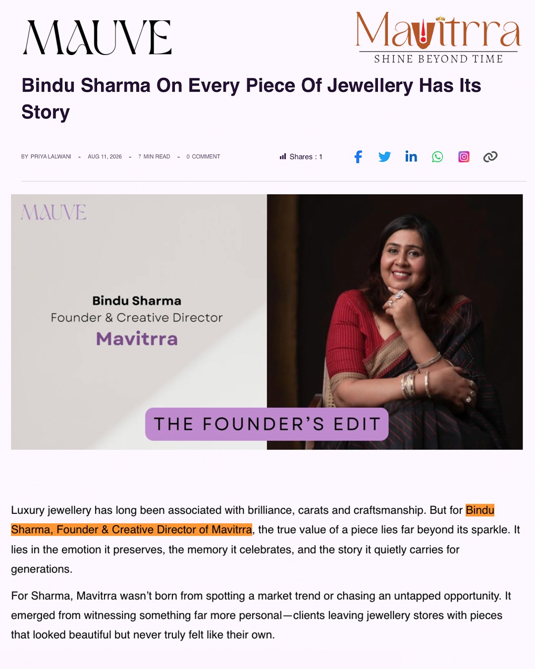 We’re proud to see @bindu_vij , Founder & Creative Director of Mavitrra, featured in @mauve_india The Founders Edit — sharing the story behind Mavitrra, our philosophy of creating jewellery that goes beyond sparkle, and the memories we strive to preserve through every piece.
Because for us, jewellery has never been just about what you wear.
It’s about what it means to you. 💎
Read the full feature: “Bindu Sharma on Mavitrra, Bespoke Jewellery and the Stories Behind Every Piece” on The Mauve.
Link on Story.
#Mavitrra #TheMauve #FoundersEdit #LuxuryJewellery #BespokeJewellery