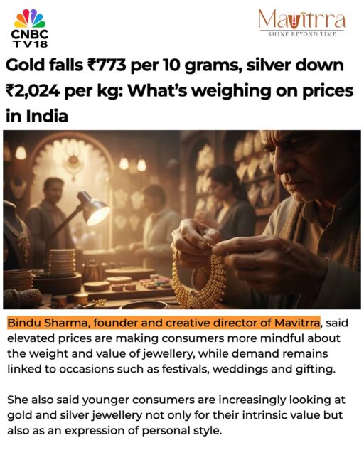 A moment of recognition for Mavitrra. ✨
We’re delighted to be featured by @cnbctv18india in their latest coverage on the evolving gold and silver market.
As the precious metals landscape continues to shift, Mavitrra remains committed to creating timeless jewellery with certified diamonds, fine craftsmanship and enduring elegance.
Read the full coverage and discover the story behind the sparkle.
Link in story
#Mavitrra #CNBCTV18 #Featured #FineJewellery #LuxuryJewellery #DiamondJewellery #IndianJewellery #JewelleryDesign